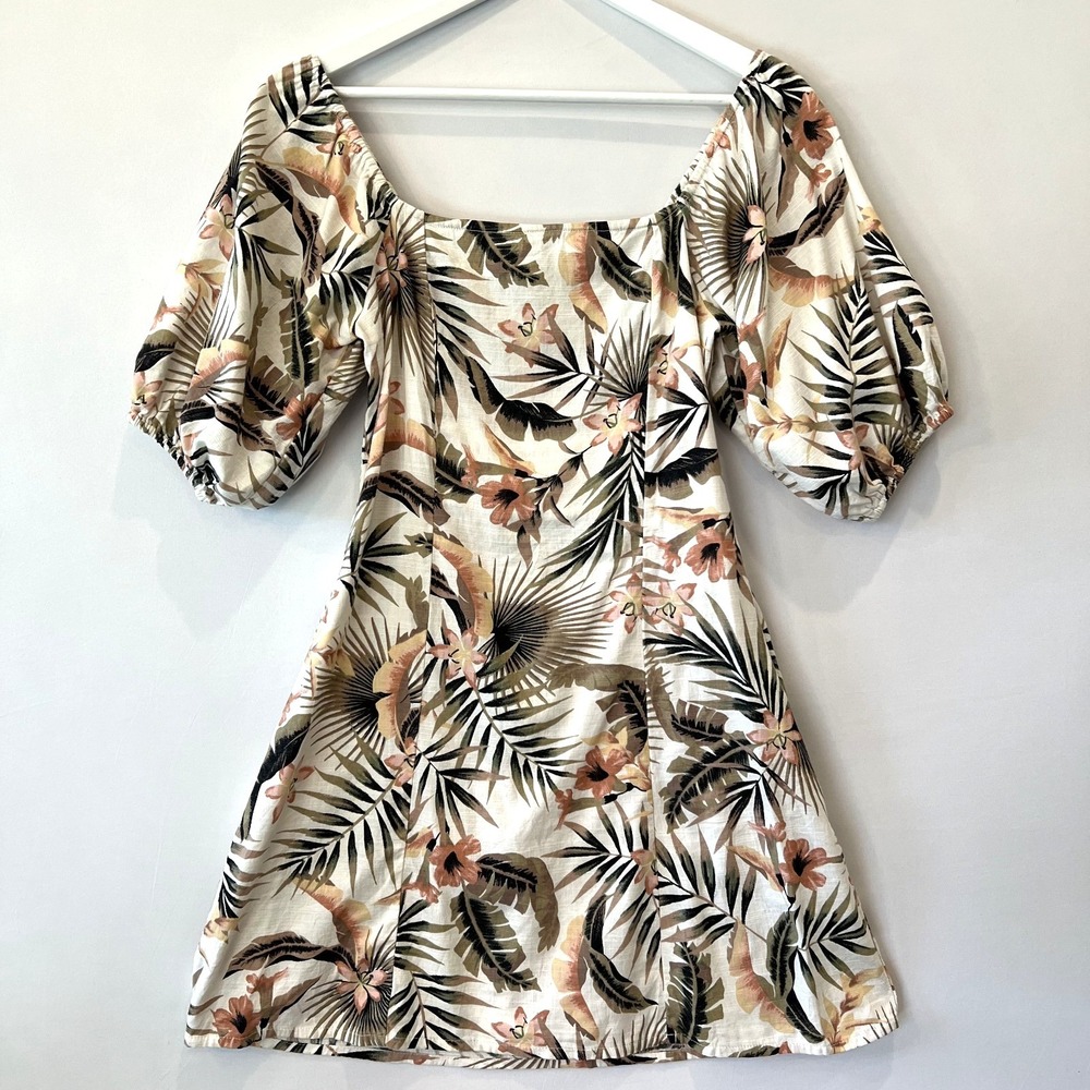 BILLABONG Womens Sundress M Floral Tropical Puff Sleeves Square Neck Pullover